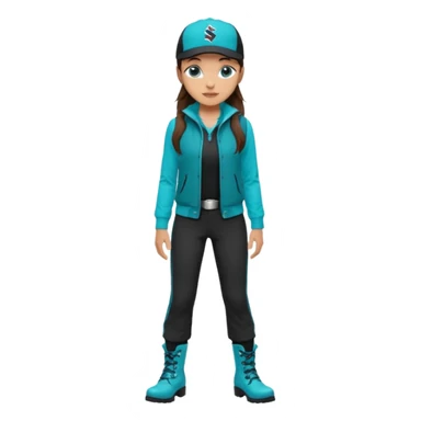 A landscaper in a beautiful turquoise jacket with long sleeves and turquoise boots, black pants, and a black sleeveless shirt. On his head is a black Swissotel baseball cap. The girl is a brunette with blue eyes. sticker