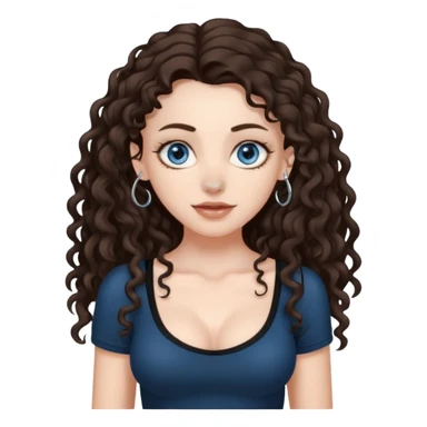 white girl, dark brown long slightly curly hair , skinni but with big breast , septum piercing on nose, beautiful dark gray-blue eyes, showing her toes , sticker