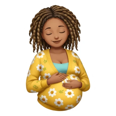 pregnant black woman with dread lock hair happily touching her big belly while wearing casual shirt and yellow warm  flowery cardigan closing her eyes and smile wamrly sticker