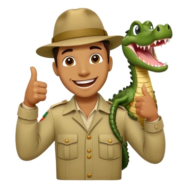 Cinematic Realistic Steve Irwin Portrait Emoji, in his signature khaki attire, holding a crocodile or giving an excited thumbs-up. The scene is lit with vibrant, natural sunlight, emphasizing his adventurous spirit and deep connection to nature. sticker