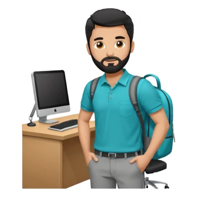 man with blackshot male hair and black hair and beard and hes in a office with his grey backpack on the floor and he has a tourquos polo shirt with backpack on floor on desk computer and grey pants sticker