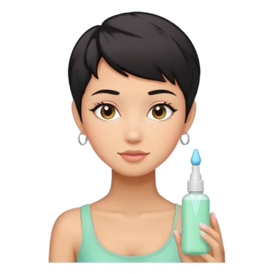 tan girl with black hair & a pixie cut no earrings doing cute pastel colors skin care sticker