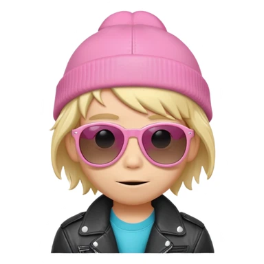 A blonde boy with surfer hair and a leather jacket and a pink Paul frank beanie and wonky sunglasses sticker