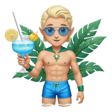 elf male legolas in stylish blue swim trunks, palm extended over cocktail glass, conjuring swirling frost and mist to chill it, silver aviator sunglasses, pointy ears, confident smirk, minimalist beach bar backdrop, centered emoji, summer magic sticker