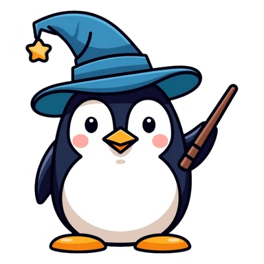 Penguin dressed as a wizard with a magical wand and pointy wizard hat sticker