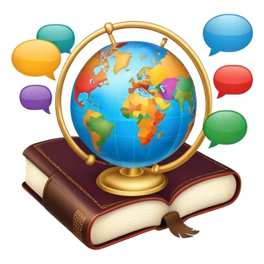 An icon showing a globe surrounded by speech bubbles with greetings in different languages, like 'Hello,' 'Hola,' and 'Bonjour.' The design includes an open book and a quill, symbolizing learning and communication. Transparent background emphasizes global connection through language. sticker