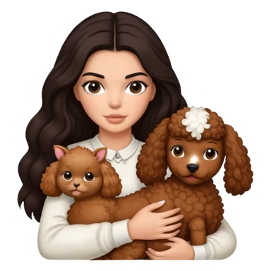 Kendall Jenner with long dark hair holding a brown poodle and a cow cat in her arms sticker