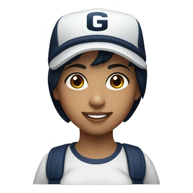 Black hair white girl brown eyes wearing navy ballcap emblazoned with a G logo  sticker