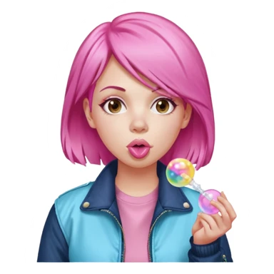 Pink-haired woman in jacket blowing bubble gum sticker