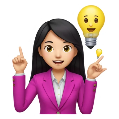 Cute 3D emoji of a Korean woman in a magenta blazer, long black hair and big brown eyes, with a light bulb above her head, excited expression, finger pointing up, solid lemon yellow background. sticker