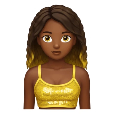 Sasha from Bratz with long dark brown hair, dark skin, hazel eyes, yellow sequin crop top sticker