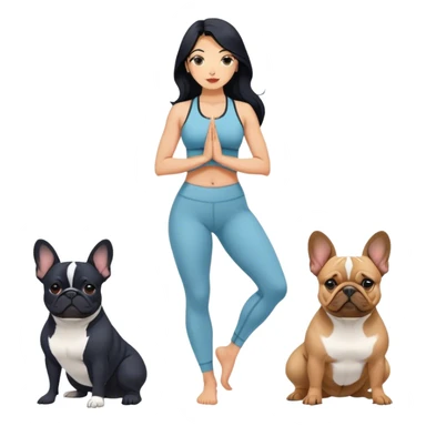 latin woman in yoga outfit with long black hair standing alongside two French bulldogs  sticker