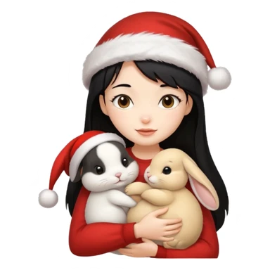 Girl black hair hugging one beige rabbit christmas sticker