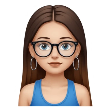 White girl with long straight brown hair and blue eyes wearing plastic frame glasses that go from black to clear ombré from top to bottom. Septum nose piercing and stud nose piercing on right side of nose. Wearing BLACK tank top. Wearing big hoop earrings  sticker