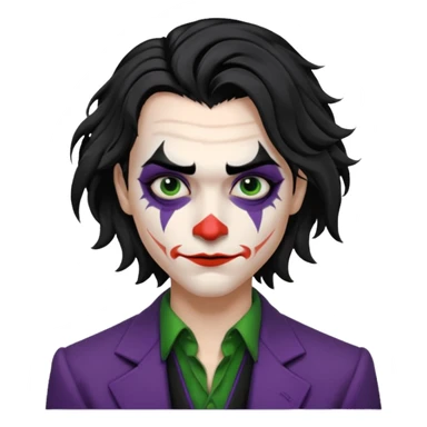 Faça uma pessoa com cabelo preto pouco bagunçado e pouco grande com cara de coringa sticker