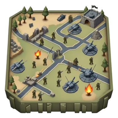 An icon showing a strategic battle scene with a top-down view of an army, inspired by classic strategy games. The interface displays unit icons, a minimap, and resource counters. Soldiers and siege weapons engage in combat on detailed terrain. Transparent background. sticker