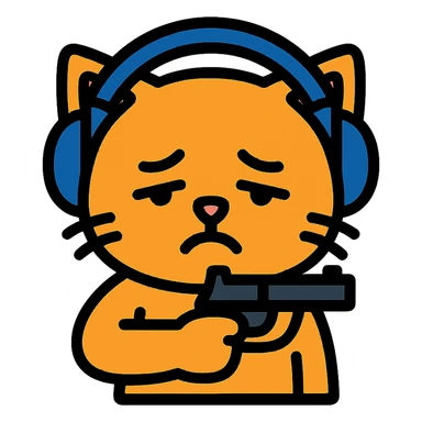 tired sad cat holding a gun, wearing headphones, colored icon sticker