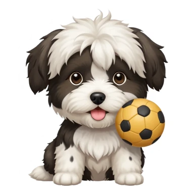 white Havenese with black spots dog standing with small ball sticker