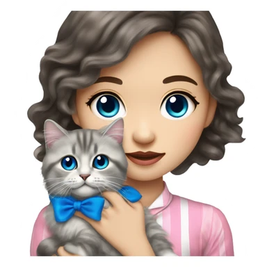 Long Brunette wavy hair Asian girl holding fluffy Ragdoll with blue eyes and pink bow collar and gray striped Scottish fold cat   sticker