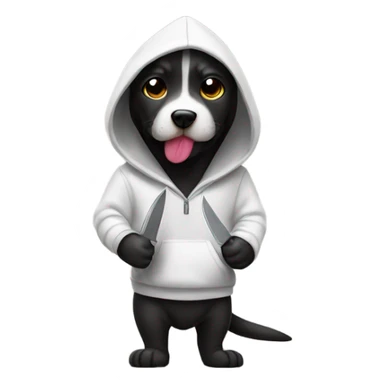 Dog wearing hoodie with a knife sticker