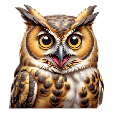 Cinematic Comical Great Horned Owl Portrait Emoji, Head tilted dramatically with an exaggeratedly amused expression, featuring a strikingly patterned mottled plumage with bold contrasts, wide, expressive golden eyes filled with playful disbelief, Simplified yet hilariously expressive features, highly detailed, glowing with a slightly sassy glow, high shine, dramatic yet playful, stylized with an air of cheeky nocturnal mischief, bright and endearing, soft glowing outline, capturing the essence of a spirited and over-the-top owl, so meme-worthy it feels like it could hoot its way into internet fame instantly! sticker