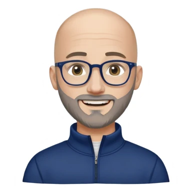 Caucasian man with skin fade haircut (bald on sides fading to short on top), short beard with gray streaks, large black eyeglasses, cheerful expression, navy blue long sleeve sweatshirt with quarter zip sticker