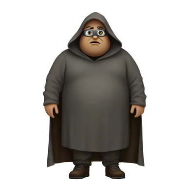 Fat guy shrouded in a dark brown grey cloak he has goggles and a fat enough underneath his hood and the hood is closed down to his big feet sticker