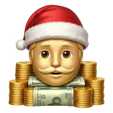 A confident rich emoji face wearing a Santa hat, money stacks, casino vibe, New Year theme, premium 3D emoji style, sharp details, no text, isolated on transparent background sticker
