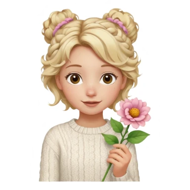 blonde hazel eyes girl holding a flower with a white cable knit sweater and a curly messy bun with tendrils of hair flowing down her face and she is happy pale, some freckles, blush sticker