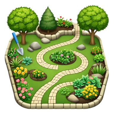 Icon for Landscape Design: a garden layout with plants, trees, paths, and design tools like a spade, pencil and measuring tape. The icon should represent creativity in outdoor space planning and gardening. Transparent background. sticker
