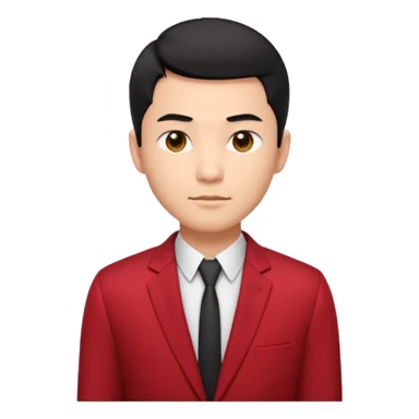 cool handsome Asian man emoji, short black hair styled with exposed forehead, natural slick hairstyle, sharp facial features, fair skin, confident eyes, subtle smirk, wearing dark red suit and white shirt with top buttons undone sticker