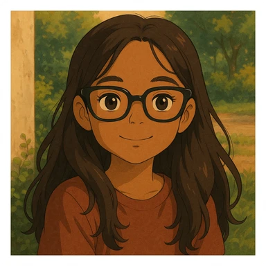 young brown girl with long dark brown hair, dark brown eyes, wearing black squared cat eye glasses sticker