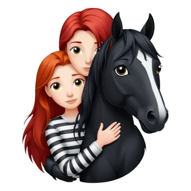 A red-haired girl with long hair hugs a black horse with a white stripe on her face and a black mane sticker