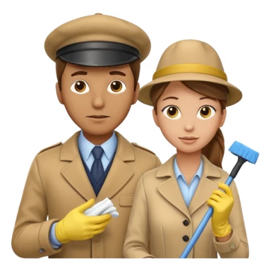 a Detective man with beige hat, a beige coat is interviewing the cleaning Lady with Brown hair, high ponytail and yellow cleaning gloves sticker
