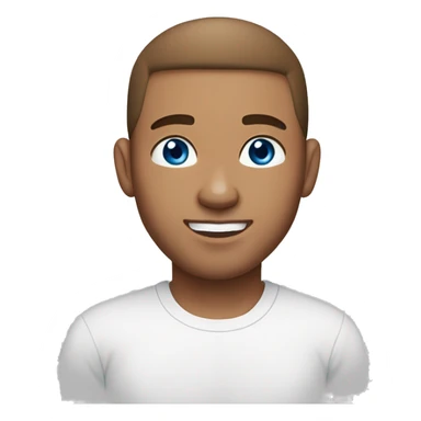 A guy with blue eyes, light skin, shaved brown hair under 0.5, white T-shirt, silver earring piercing with cross on left ear. sticker