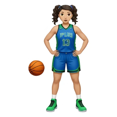full body plus size light skin  latino women basketball player with wavy dark hair in pony tail wide nose wearing blue uniform with green accent sticker