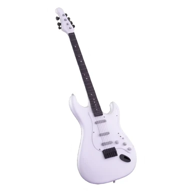 White electric guitar with sleek shiny body, black strings, and smooth neck sticker