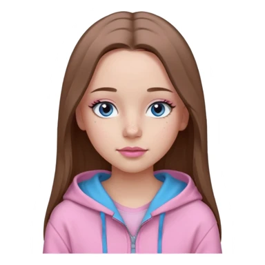 Create a TEENAGE girl with LONG and straight light brunette hair with a middle part, light skin, light freckles, and blue-gray eyes. She will have pink lips and LONG eyelashes. She will be wearing a light pink zip-up hoodie that is off her shoulder. sticker