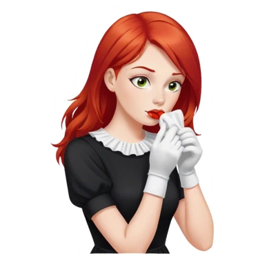 a woman with red hair and red eyes sniffing a white sock. The woman wear a black  dress sticker