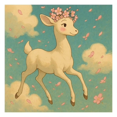 feminine adult vanilla cloud doe, rosy cheeks, cherry blossom crown, floating gracefully, elegant and magical, Ghibli-Pixar style sticker