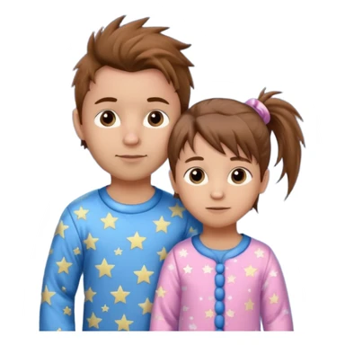 4 year old brown spikey haired boy with blue pajamas with stars on them and a 1 year old brown haired pony tail girl with pink pajamas, and stars on them with light skin sticker