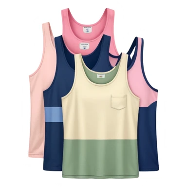 Multiple tank tops, one cream one cream one sage green one navy blue one pink sticker