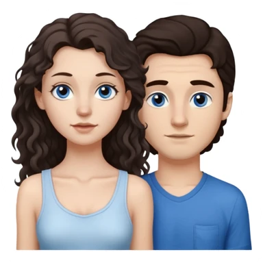 white girl, dark brown long slightly curly hair , skinni but with big breast , septum piercing on nose, beautiful dark gray-blue eyes, in white dress , boy dark brown eyes , light white skin , tall , skinny , light brown mid haircut ,  sticker