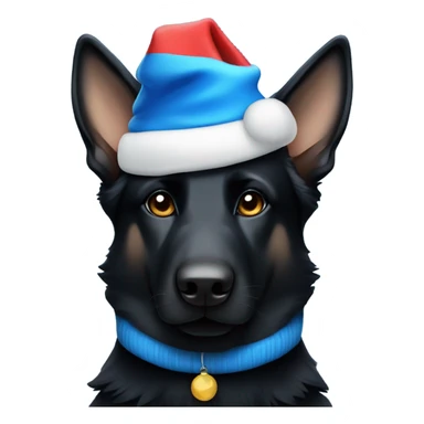 All black German shepherd with blue Santa hat sticker