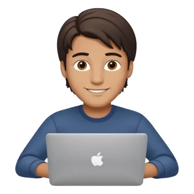 A man in his mid 20s, middle part average dude with slightly droopy eyes, happy, using a MacBook (no logo), hero for an iOS developers website sticker