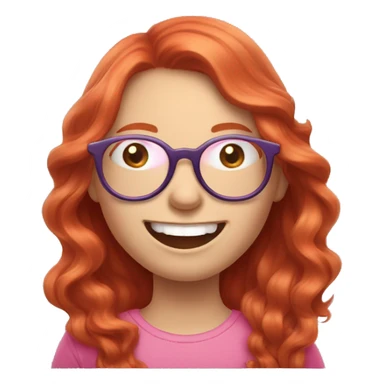 Pale, Long Wavy haired red head, girl with pink circular glasses glasses laughing and pointinf sticker