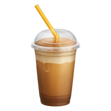 Iced caramel latte in a plastic cup with a lid and straw sticker