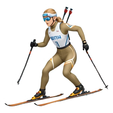 An icon featuring a biathlete in motion, holding a rifle and skiing across a snowy course. The backdrop includes snow-covered trees, distant mountains, and a clear blue sky. Transparent background highlights the precision, endurance, and excitement of biathlon. sticker