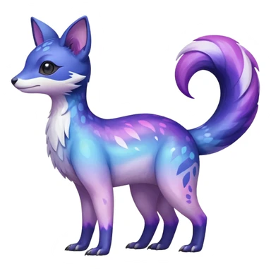  Shiny cute realistic iridescent glossy oily smooth silky soft White with indigo-Violet-purple-pinkish-gradient markings beautiful handsome gorgeous aesthetic colorful vibrant Vernid-Trico-species-Fakemon-creature by LiLaiRa, 4 legs, 1 tail, random markings, (full body) sticker