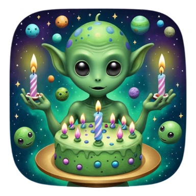 A giant alien holding a birthday cake that is actually a miniature galaxy, tiny planets orbiting the candles, cosmic dust swirling, epic scale contrast, ultra detailed space fantasy art

 sticker